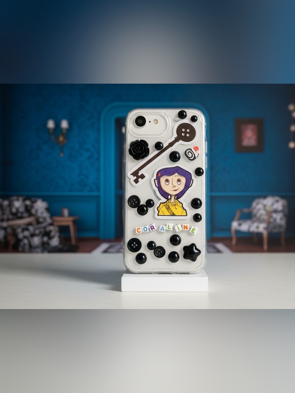 Hand Crafted Resin Coraline Phone Case with Black Accents